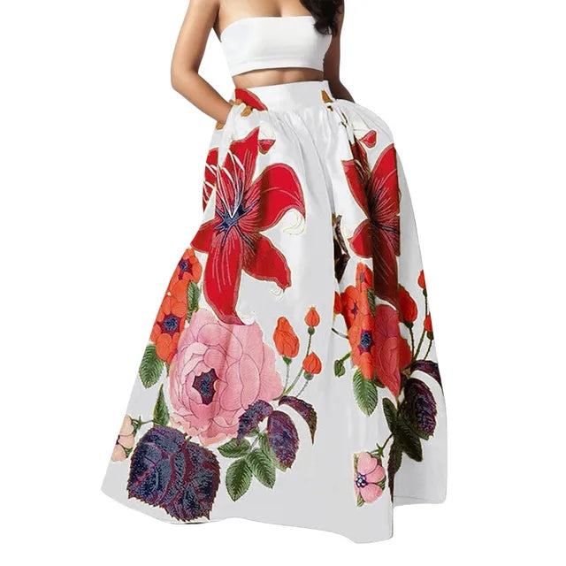 Stylish Big Flower Printed Women Skirts Elegant High Waist A-Line Long Maxi Skirt 2024 Casual Loose Beach Party Holiday Skirt