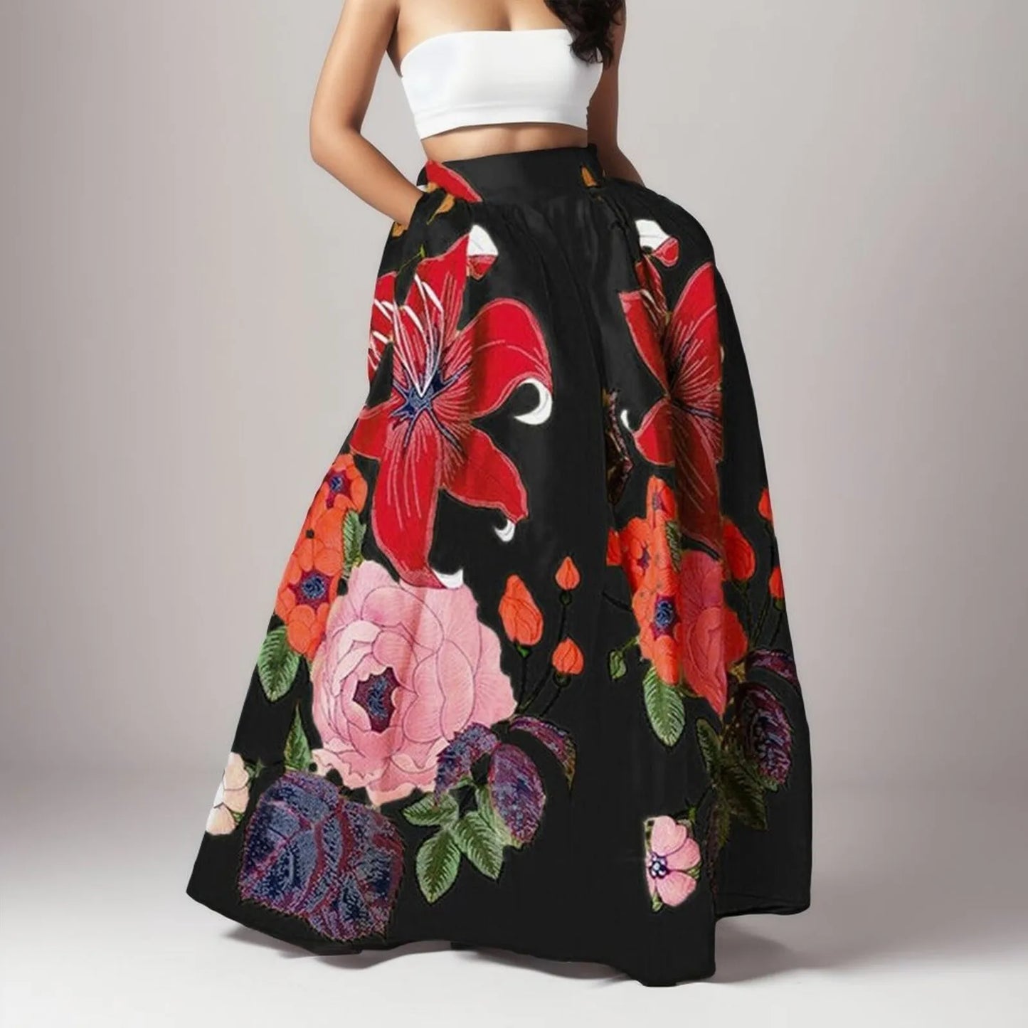 Stylish Big Flower Printed Women Skirts Elegant High Waist A-Line Long Maxi Skirt 2024 Casual Loose Beach Party Holiday Skirt