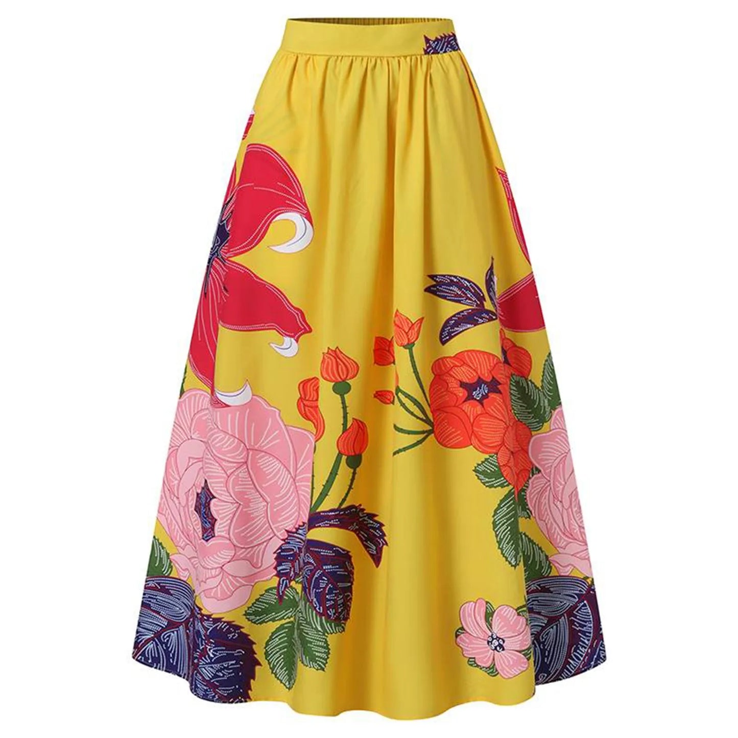 Stylish Big Flower Printed Women Skirts Elegant High Waist A-Line Long Maxi Skirt 2024 Casual Loose Beach Party Holiday Skirt