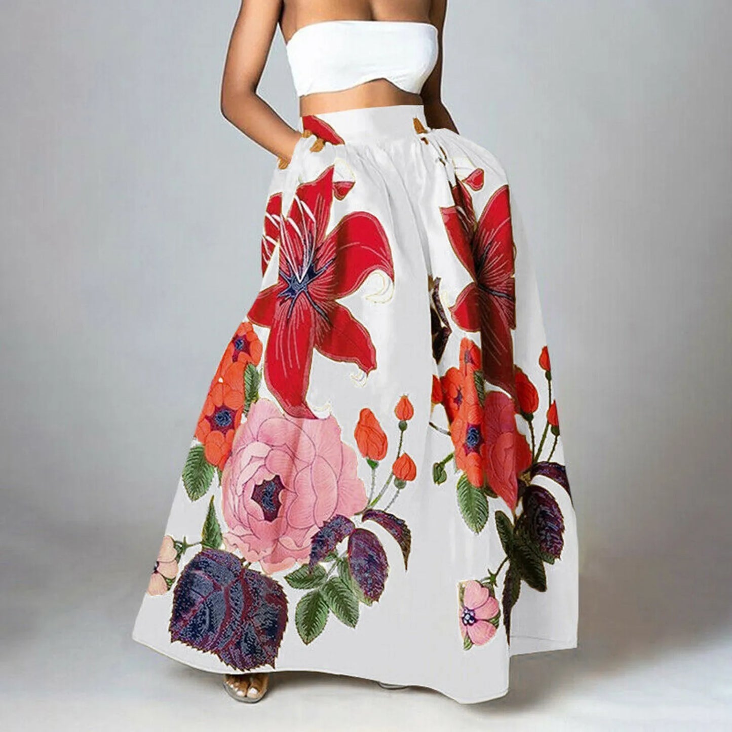Stylish Big Flower Printed Women Skirts Elegant High Waist A-Line Long Maxi Skirt 2024 Casual Loose Beach Party Holiday Skirt